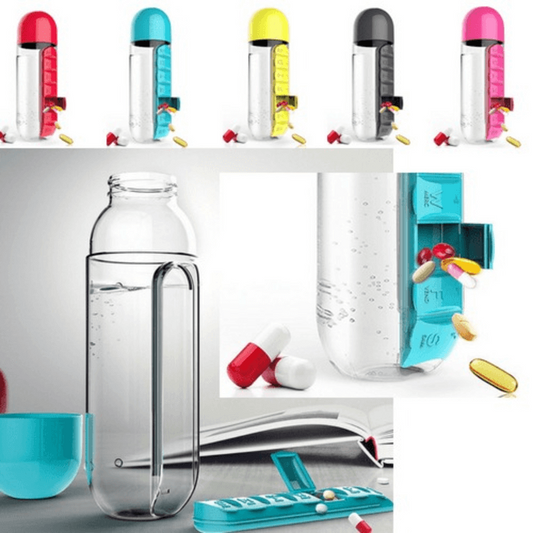 2 In 1 Water Bottle with Built In 7 Day Pill Organizer And Cup Cap