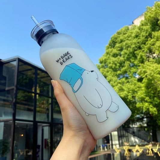 We Bare Bears Panda Water Bottle 1000ml – Cute Cartoon Design with Straw (Random Colour)