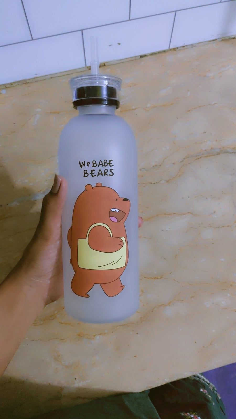 We Bare Bears Panda Water Bottle 1000ml – Cute Cartoon Design with Straw (Random Colour)