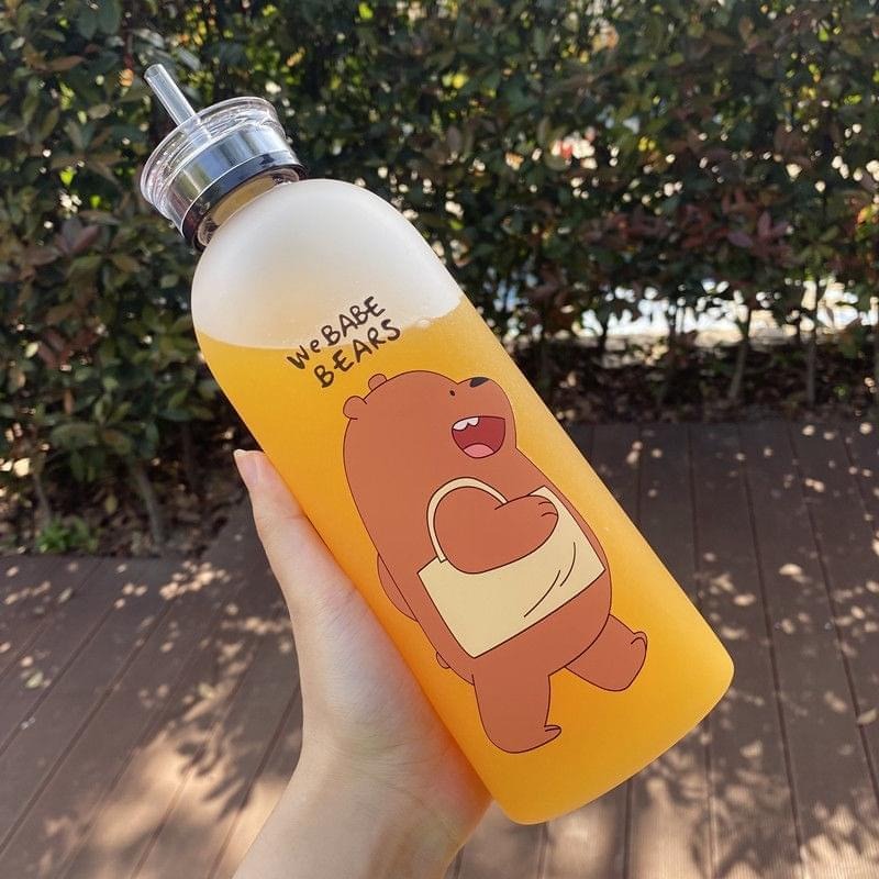 We Bare Bears Panda Water Bottle 1000ml – Cute Cartoon Design with Straw (Random Colour)