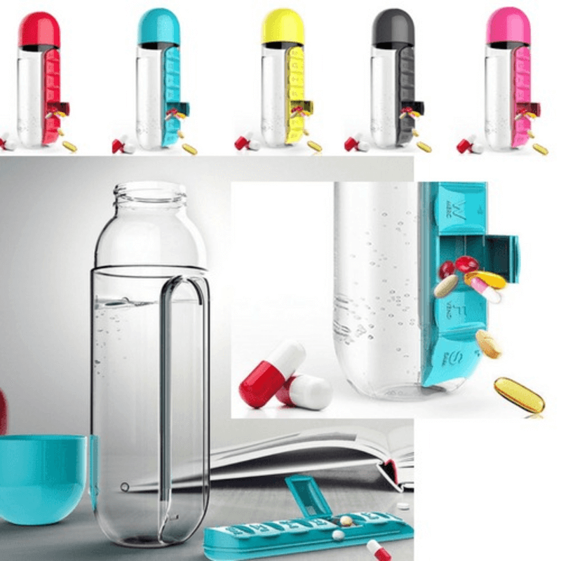 2 In 1 Water Bottle with Built In 7 Day Pill Organizer And Cup Cap
