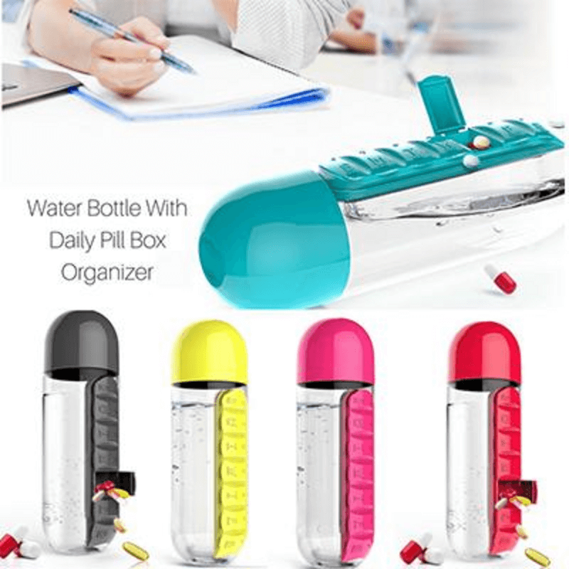 2 In 1 Water Bottle with Built In 7 Day Pill Organizer And Cup Cap