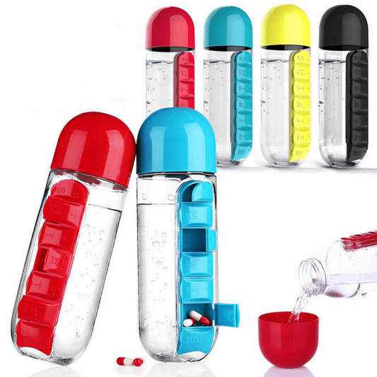 2 In 1 Water Bottle with Built In 7 Day Pill Organizer And Cup Cap